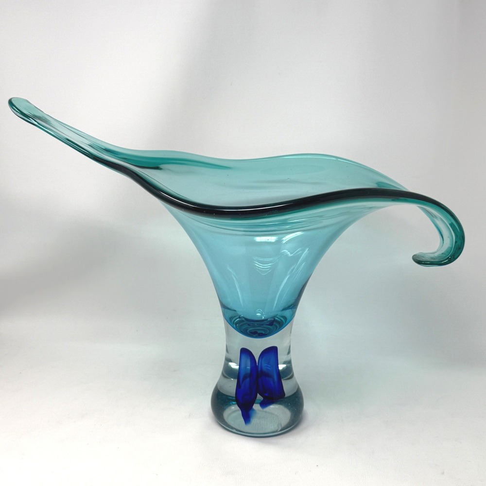 Organic Freeform Wave Murano Style Art Glass Bowl Blue Gondola Plateau 17 Inch